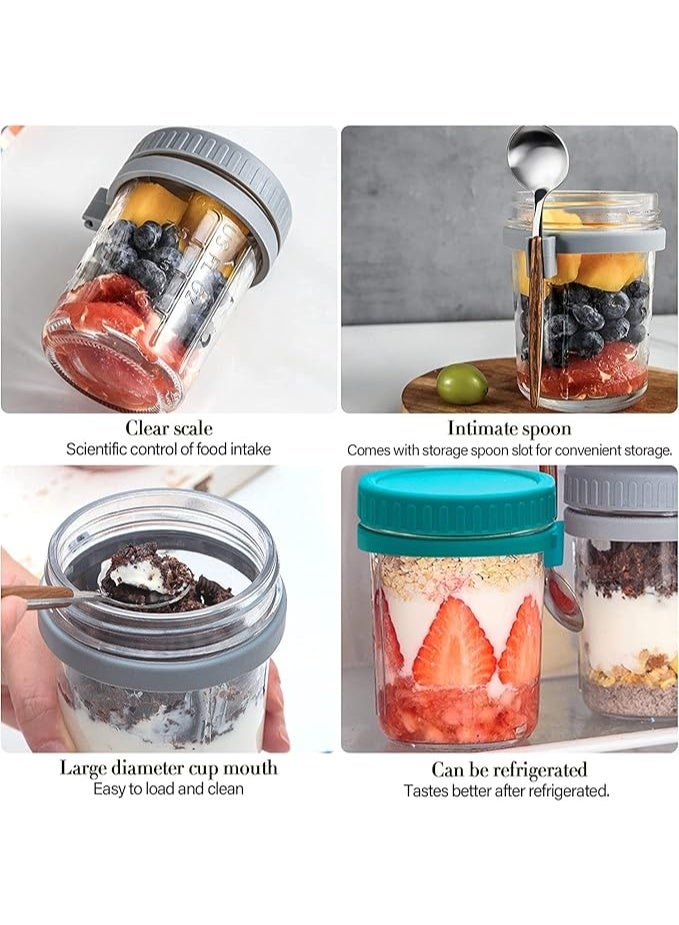 عبوة من قطعتين من برطمانات التخزين الزجاجية من مونكان مع أغطية محكمة الإغلاق وملعقة | برطمانات الشوفان الليلي، حاوية مزودة بعلامات قياس، برطمانات محمولة واسعة الفوهة، حاوية إفطار للسلطات والزبادي وحليب الحبوب ودقيق الشوفان والمزيد 300 مل (أخضر ورمادي) - Image 2